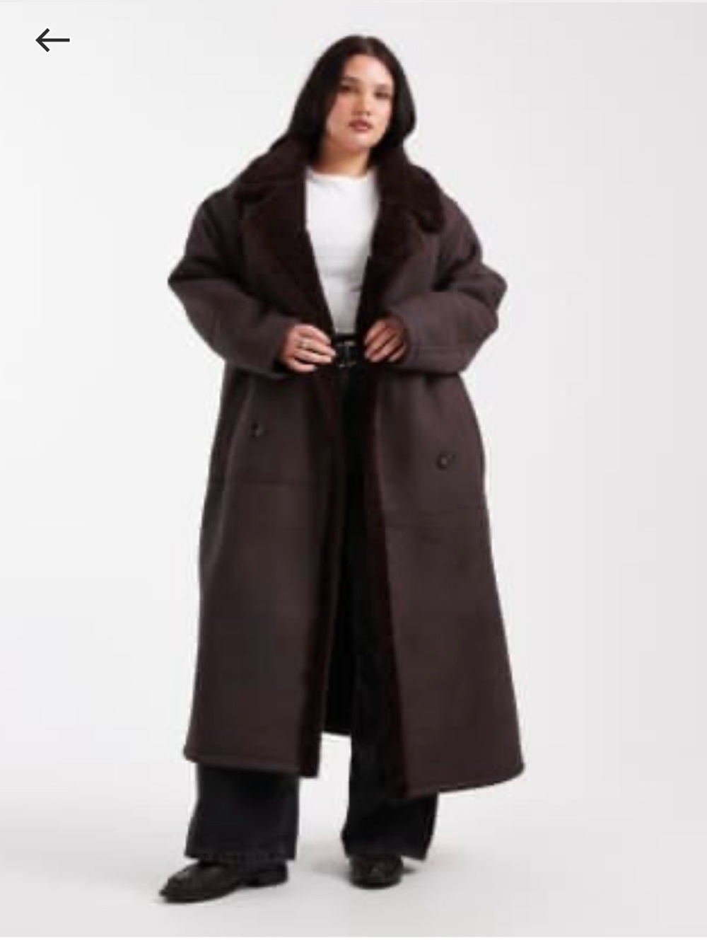 ASOS Curve Long Dark Brown Faux-Shearling Pea Coat